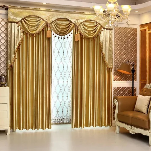 gold curtains living room Dubai