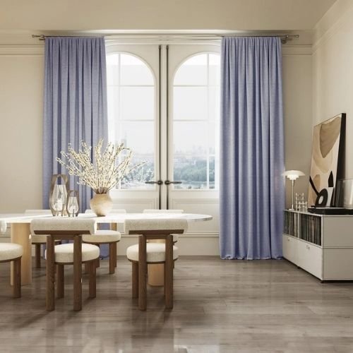 Light blue eyelet window curtains